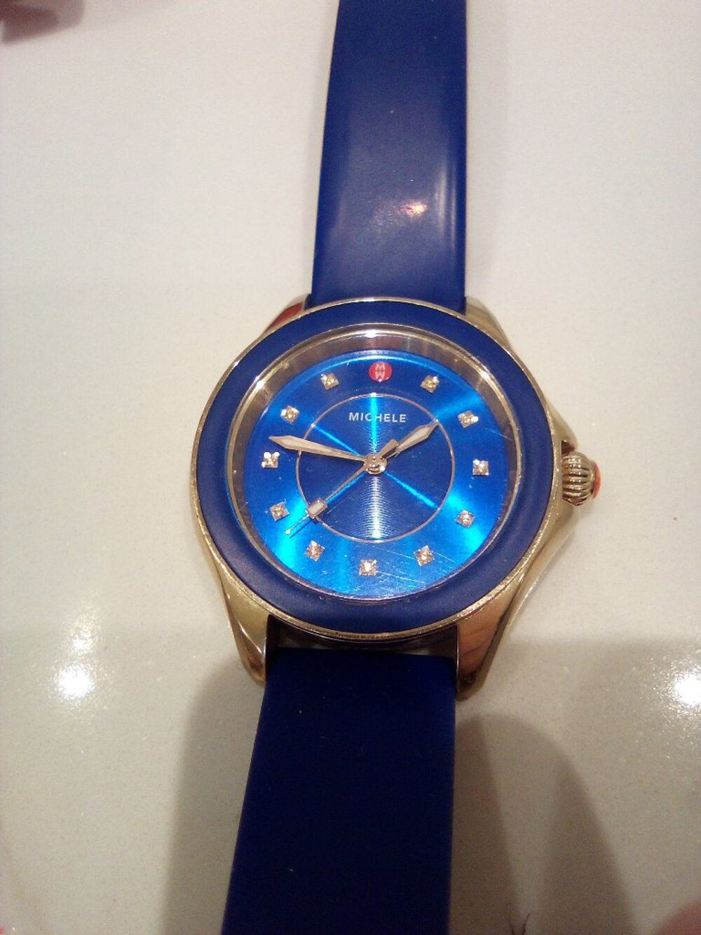 Michele Blue Dial Gold-Tone Watch with Diamond Hour Markers
